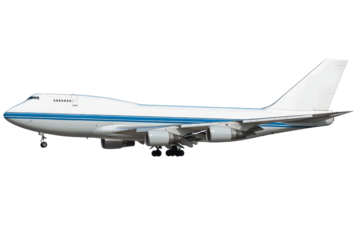 Large white passenger plane flying in a clear blue sky with minimal cloud cover during daylight hours, showcasing its impressive wingspan and design features