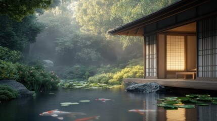 Serene japanese garden with koi pond and traditional tea house at sunrise