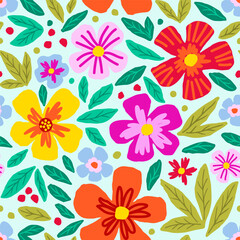 Bright floral vector seamless pattern. Multicolored flowers, green leaves on a light blue background. For fabric prints, textile products, summer clothes.
