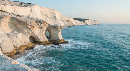 Dramatic White Chalk Cliffs with Eroded Sea Arch and Turquoise Waves on a Serene Coast