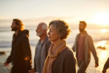Mindful walking meditation practice by the beach at sunset with diverse individuals breathing in peace and tranquility