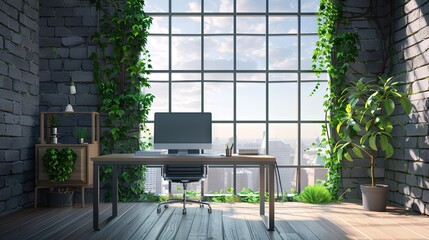 Minimalist coworking space with laptop, plants, gray brick walls and large panoramic window