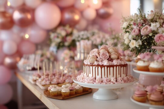Delicious desserts displayed at a joyful baptism celebration with beautifully arranged cakes and pastries in soft pastel colors