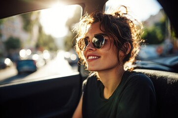 Young woman smiles while sitting in car on a sunny day, capturing the joy of the moment with sunlight streaming in