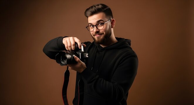 Portrait of a skilled photographer holding a camera in a studio, capturing creative images with passion and professional equipment, showcasing his talent - Powered by Adobe