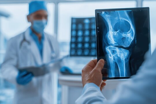 Orthopedic surgeon examines an x-ray of a patient's knee while discussing treatment options in a modern medical facility - Powered by Adobe