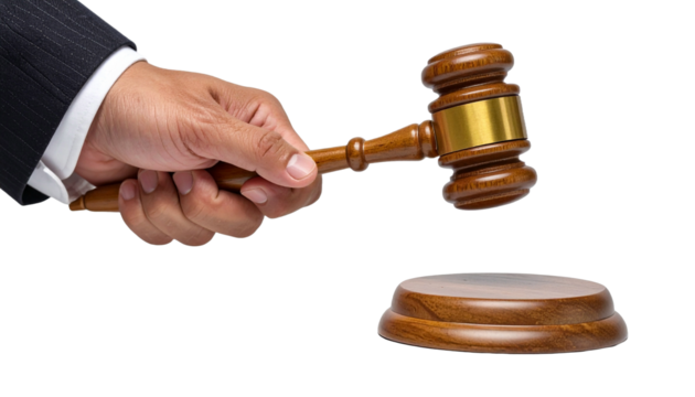 Hand holding a wooden gavel over the sounding block in a courtroom setting. Concept for law, justice and auction