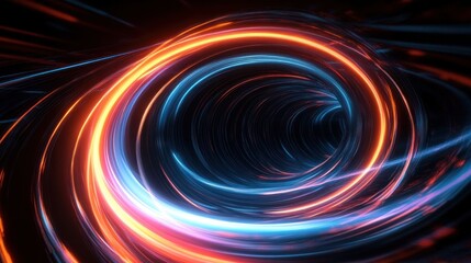 Vibrant swirling tunnel of glowing light trails in fiery orange and electric blue colors creating a dynamic and futuristic vortex effect