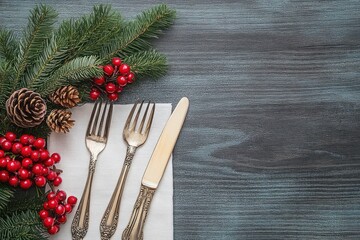 Festive holiday table setting with vintage silver forks and knife on white napkin accompanied by pine branches, pine cones, and red berries on dark wooden surface