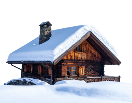  Snow-Covered Wooden Chalet with Stone Chimney, Transparent PNG