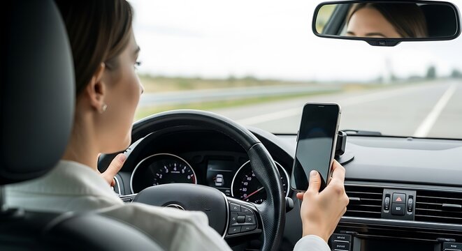 A woman is driving a car while using her phone, which is a dangerous and illegal activity that can lead to accidents and injuries on the road