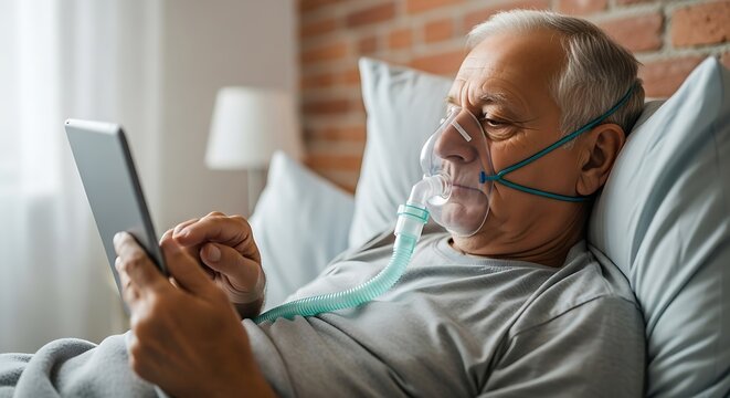 An elderly man is using a tablet while wearing an oxygen mask in bed, possibly communicating with family or seeking medical information online - Powered by Adobe