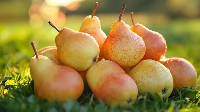 A pile of ripe pears sits on a grassy lawn in the sunlight