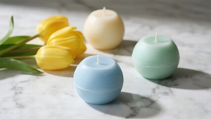 Spherical Candles in Pastel Colors with Yellow Tulips on Marble Surface