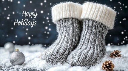 Cozy Knitted Socks Against a Winter Background with Snowflakes and Holiday Cheer