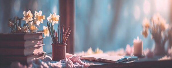 Still Life with Books, Flowers, Pencils and Candle
