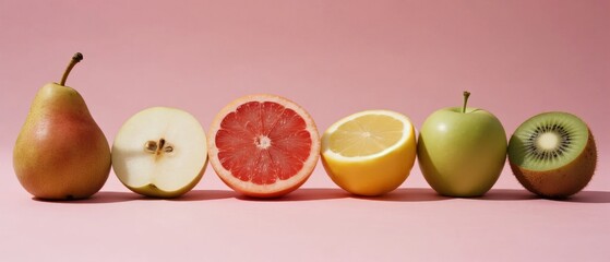 A lineup of halved fruits including pear, apple, grapefruit, lemon, kiwi, and green apple against a pink background.
