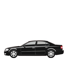 A sleek, black sedan is depicted against a stark black background, showcasing its smooth lines and simple design.