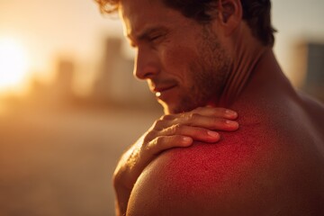 Man with sunburn touching shoulder during sunset at the beach, reflecting on the warm glow of the evening sky and the vibrant city silhouette in the background