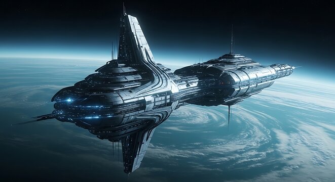 Advanced Spaceship in Orbit Around a Distant Planet.