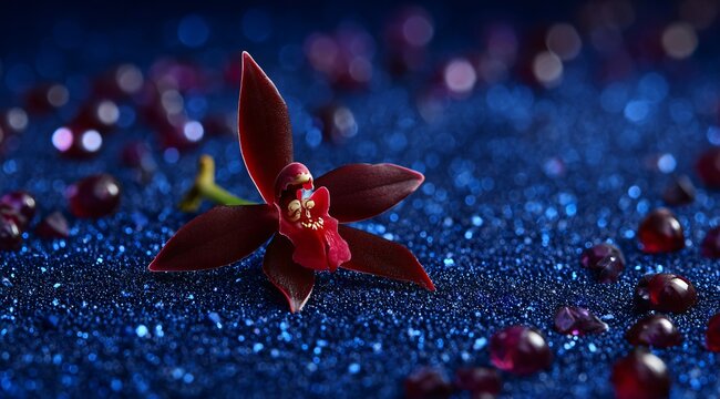 Deslumbrante flor de orqu&iacute;dea vermelha profunda em cen&aacute;rio de safira cintilante para designs florais elegantes e marcas de luxo