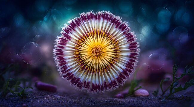 Deslumbrante flor com ponta roxa com centro amarelo radiante no fundo azul bokeh para conceitos de beleza natural