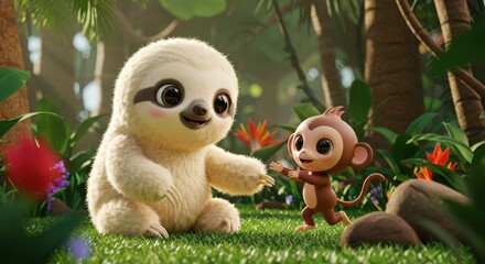 Obraz premium Animated scene A cute sloth and a monkey interact amidst vibrant jungle foliage, creating a cheerful atmosphere