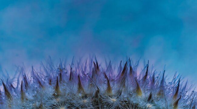 Foto macro sonhadora de uma cabe&ccedil;a de semente de dente-de-le&atilde;o com got&iacute;culas de &aacute;gua brilhantes contra um c&eacute;u azul et&eacute;reo