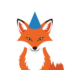 Obraz premium A cheerful fox character sports a festive blue party hat against a stark black backdrop.