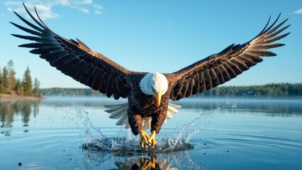 Majestic Bald Eagle's Dynamic Liftoff from Pristine Lake Waters.
An incredibly powerful and majestic wide-angle image capturing a bald eagle in a dramatic ascent, actively beating its colossal wings t