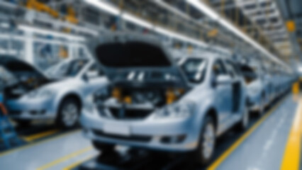 blurry image of a car factory producing cars, installing vehicle parts, blurry wallpaper.