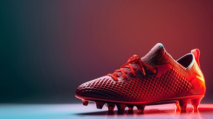 Illustration of a vibrant red soccer boot, illuminated with dynamic lighting, showcases the sleek design and advanced technology for peak performance on the field