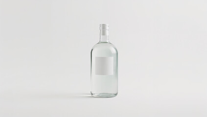 Minimalist Clear Glass Bottle with White Label on White Background