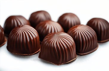 Close-up of a group of shiny, dark brown, shell-shaped chocolates with ridged patterns on a white background