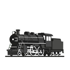 Fototapeta premium A stylized, monochrome illustration of a vintage steam locomotive, emitting billowing white steam, set against a stark black backdrop.
