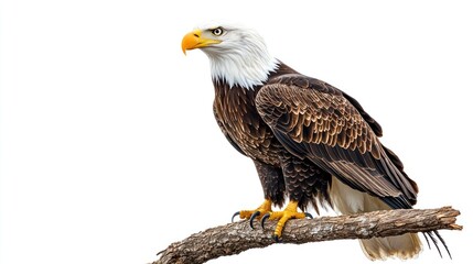 Fototapeta premium Bald eagle perched on branch, isolated, nature, wildlife, outdoors