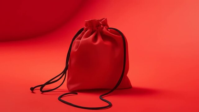 A red drawstring bag with black cords on a red background