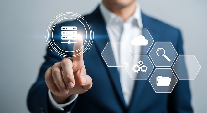 Business man touching digital server network image
