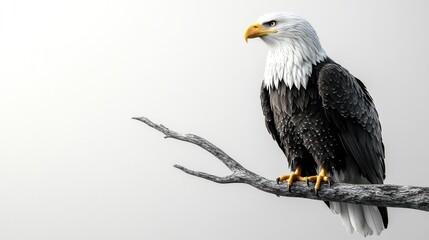 Obraz premium Bald eagle perched on branch, minimalist background