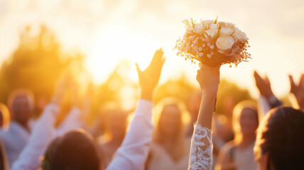 Bride throwing bouquet to guests during sunset at wedding reception, creating a joyful and dynamic moment
