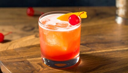 Vibrant cocktail in glass on a wooden surface