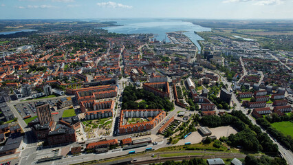 A panorama Aerial view around the old town in the city of  Horsens in Denmark on s sunny summer noon
