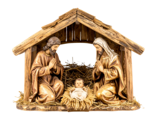 Traditional Nativity Scene with Mary, Joseph, and Baby Jesus, Front View, Transparent PNG