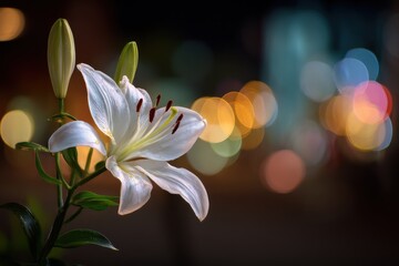 Fototapeta premium Close up view of a white lily flower blooming at night with beautiful bokeh lights in the background creating a serene and enchanting atmosphere
