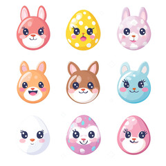 Obraz premium Kawaii Easter Egg Characters: Cute Bunny, Rabbit, Bear & Baby Animals with Happy Faces, Pastel Cartoon Clipart, Colorful Stickers, Patterns, Cards & Festive Spring Holiday Decorations