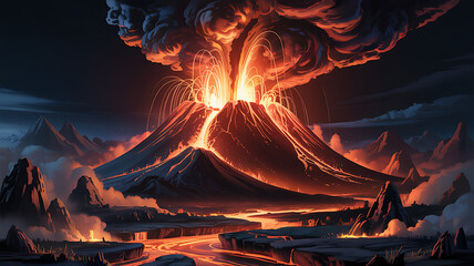Powerful volcano eruption with fire, smoke, lava, a mountain, and a dramatic sky.