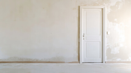 Minimalist doorway revealing tile trim, plaster application in progress, clean background with sharp detail