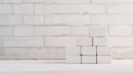 Minimalist image featuring stacked white aerated concrete blocks arranged in a pyramid shape against a partially built white brick wall, creating a clean and balanced composition
