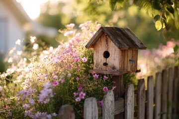 A rustic bird house on a wooden fence