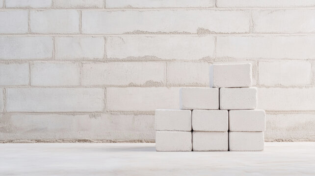 Minimalist image featuring stacked white aerated concrete blocks arranged in a pyramid shape against a partially built white brick wall, creating a clean and balanced composition